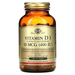 Вітамін Д3 (холекальциферол) Solgar Vitamin D3 400 IU 250 капсул для підтримки імунітету та кісток 2319341419 фото