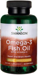 Жирные кислоты Свансон Омега 3 с витамином Д(здоровые сосуды)Swanson Omega-3 Fish Oil with Vitamin D 60 капсул 1396703525 фото
