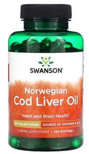 Масло печени трески двойная сила Swanson Norweгian Cod Liver Oil Свансон USA США 1 г 250 капсул 184025703 фото
