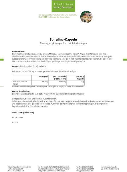 Капсулы спирулина Sanct Bernhard Spirulina 300 мг, 360 шт - натуральная добавка для здоровья и энергии. 2618837965 фото