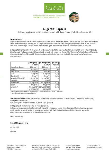 Krauterhaus sanct bernhard augenfit kapseln 90 капсул Санкт Бернхард комплекс для підтримки здоров'я очей та зору 3152411433 фото