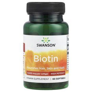 Swanson Biotin 10 000 мкг, 60 капсул, Свансон Біотин &ndash; біотин для волосся, шкіри та нігтів. 2869547599 фото